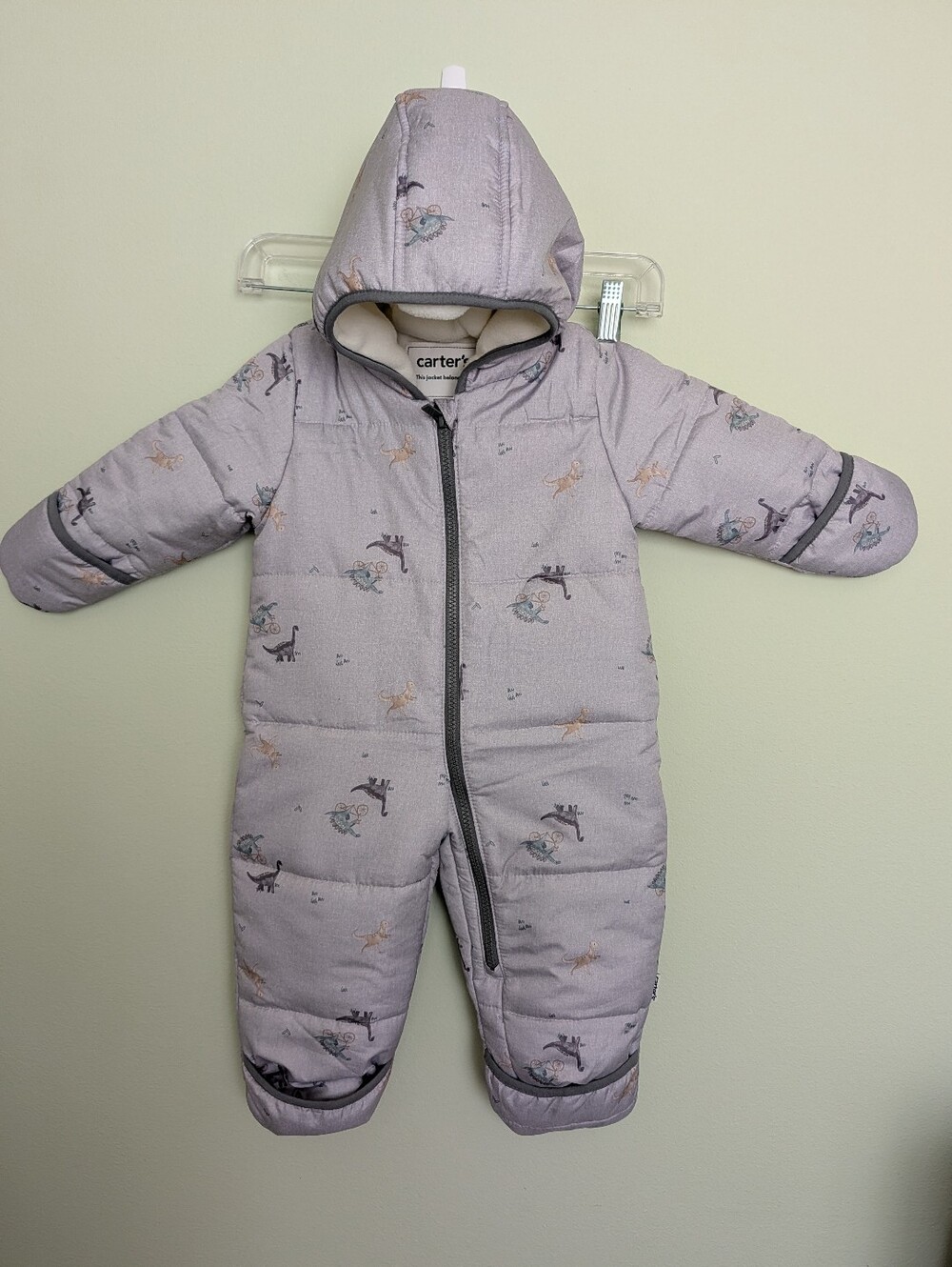 Carter’s Baby Dinosaur Puffer Snowsuit 18M Hooded Fleece Lined One Piece